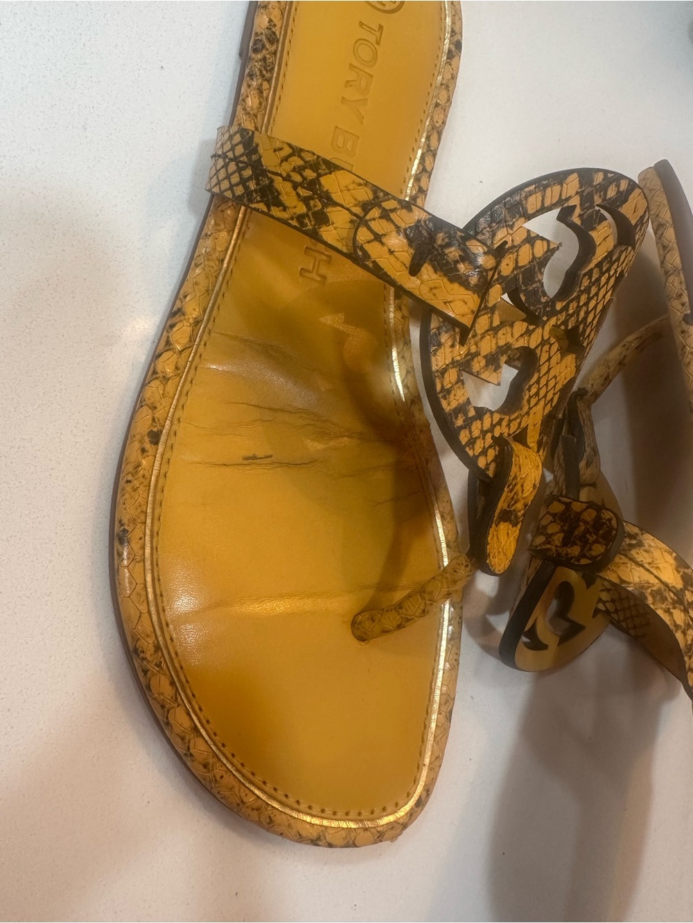 Tory Burch Yellow Snake-Print Logo Miller Sandals